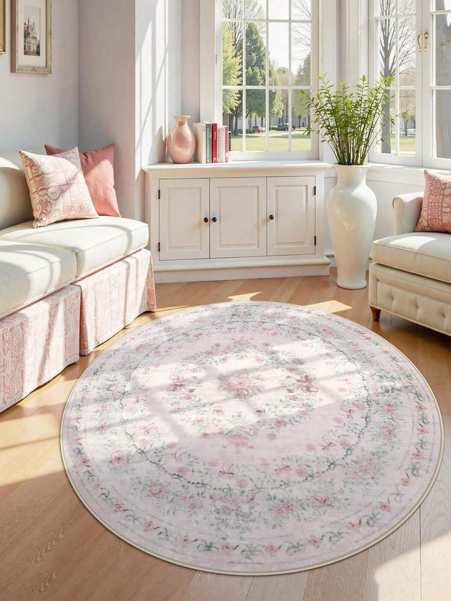 1pc Pink Round Bow Style Paris Garden Print Carpet, Suitable For Living Room, Anti-Slip Vintage Print Country Style Carpet, Suitable For Bedroom, Dining Room, Dormitory, Office And Other Home Decor