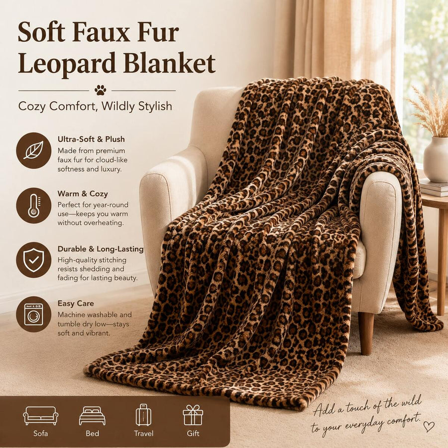 1pc Leopard Print Faux Rabbit Fur Double-Layer Warm Blanket, Soft And Smooth Faux Animal Fur Texture, Reversible Plush Throw Blanket For Home, Living Room, Bedroom, Sofa, All Seasons, Upgrade Your Living Quality